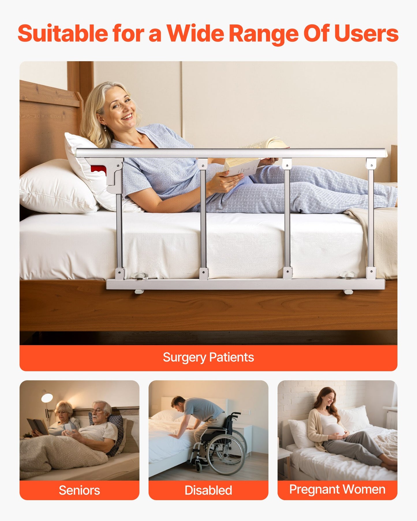 Foldable Bed Rail for Elderly, 97 cm Bedside Assist Rail with Fixing Strap, Adjustable Height Pipe Bedside Cane, High-Strength Metal Senior Bed Bar, Hand Guard Grab Fits King, Queen, Full, Twin