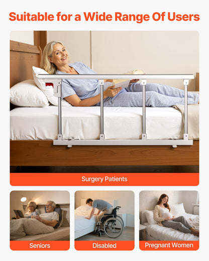 Foldable Bed Rail for Elderly, 97 cm Bedside Assist Rail with Fixing Strap, Adjustable Height Pipe Bedside Cane, High-Strength Metal Senior Bed Bar, Hand Guard Grab Fits King, Queen, Full, Twin
