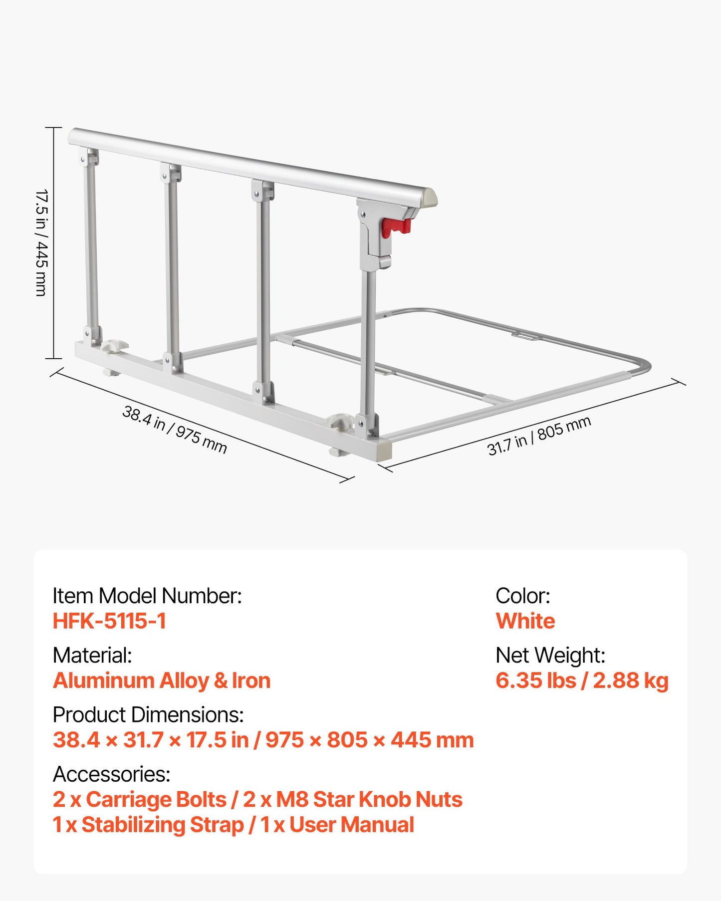 Foldable Bed Rail for Elderly, 97 cm Bedside Assist Rail with Fixing Strap, Adjustable Height Pipe Bedside Cane, High-Strength Metal Senior Bed Bar, Hand Guard Grab Fits King, Queen, Full, Twin