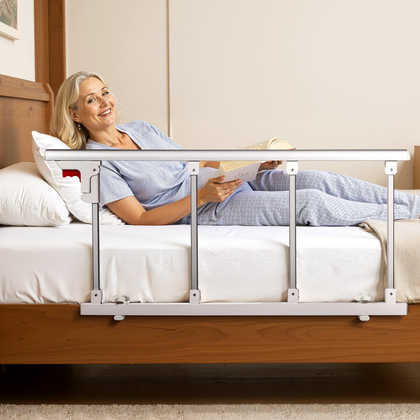 Foldable Bed Rail for Elderly, 97 cm Bedside Assist Rail with Fixing Strap, Adjustable Height Pipe Bedside Cane, High-Strength Metal Senior Bed Bar, Hand Guard Grab Fits King, Queen, Full, Twin