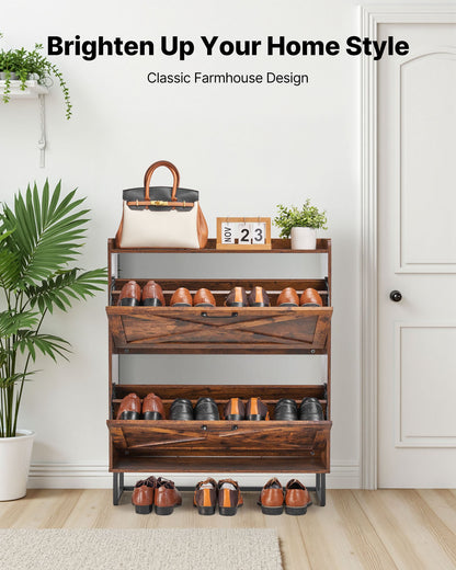 Shoe Cabinet with 2 Flip Drawers, Farmhouse Shoes Storage Cabinet with Metal Legs and Anti-Tipping Device, Freestanding Shoe Organizer Ideal for Entryway, Hallway, Bedroom, Living Room, Brown