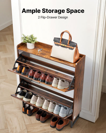 Shoe Cabinet with 2 Flip Drawers, Farmhouse Shoes Storage Cabinet with Metal Legs and Anti-Tipping Device, Freestanding Shoe Organizer Ideal for Entryway, Hallway, Bedroom, Living Room, Brown