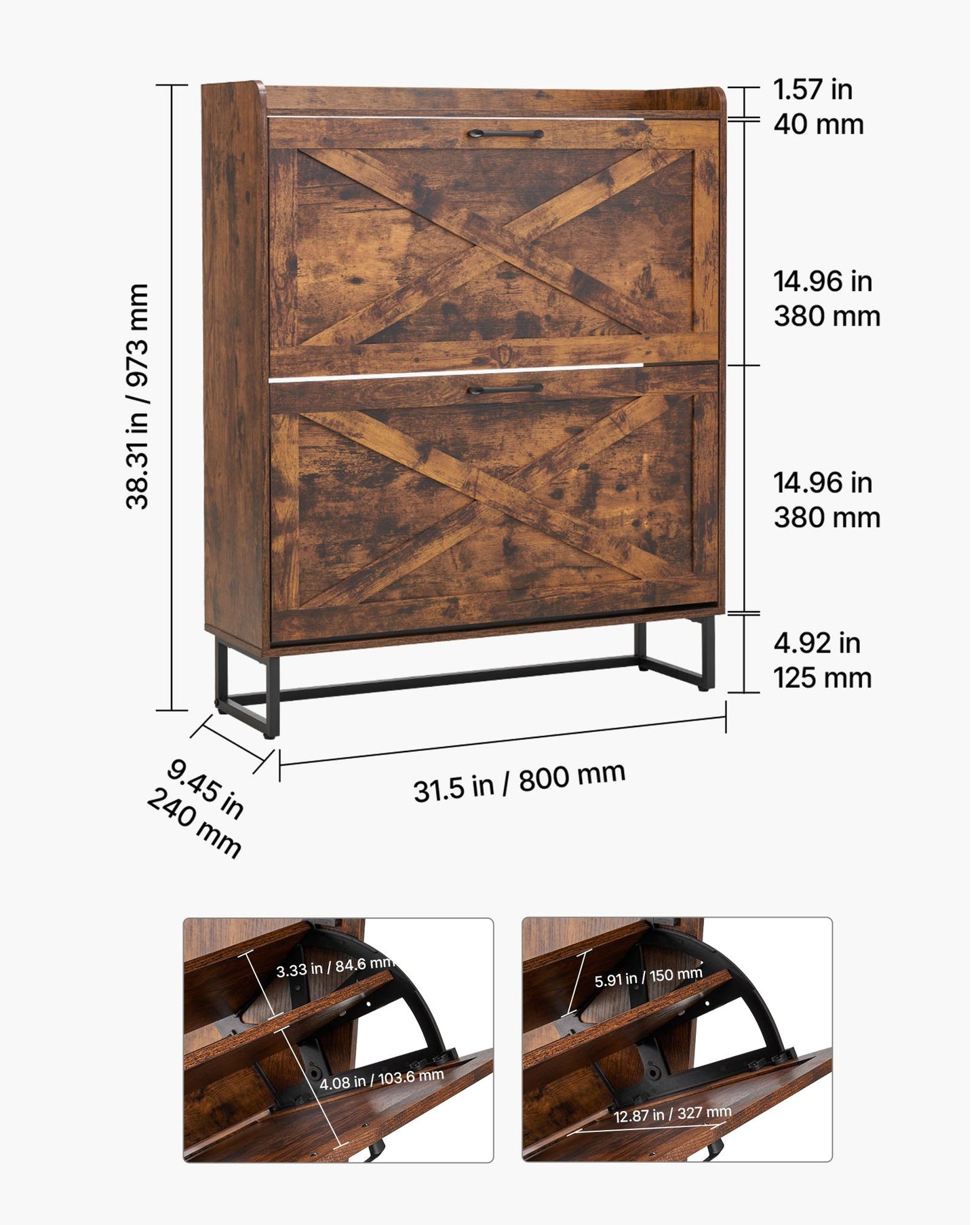 Shoe Cabinet with 2 Flip Drawers, Farmhouse Shoes Storage Cabinet with Metal Legs and Anti-Tipping Device, Freestanding Shoe Organizer Ideal for Entryway, Hallway, Bedroom, Living Room, Brown