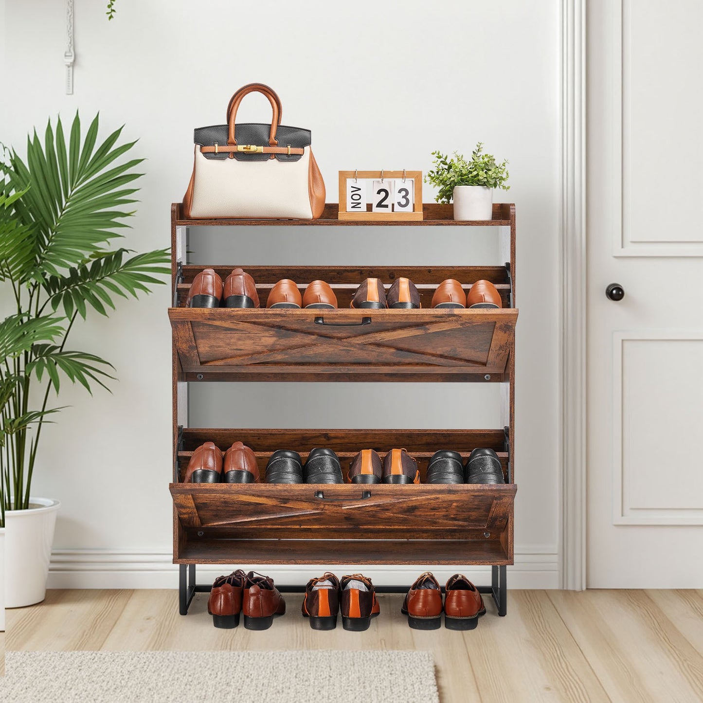 Shoe Cabinet with 2 Flip Drawers, Farmhouse Shoes Storage Cabinet with Metal Legs and Anti-Tipping Device, Freestanding Shoe Organizer Ideal for Entryway, Hallway, Bedroom, Living Room, Brown
