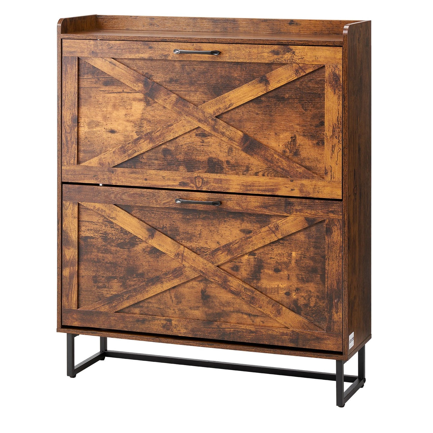 Shoe Cabinet with 2 Flip Drawers, Farmhouse Shoes Storage Cabinet with Metal Legs and Anti-Tipping Device, Freestanding Shoe Organizer Ideal for Entryway, Hallway, Bedroom, Living Room, Brown