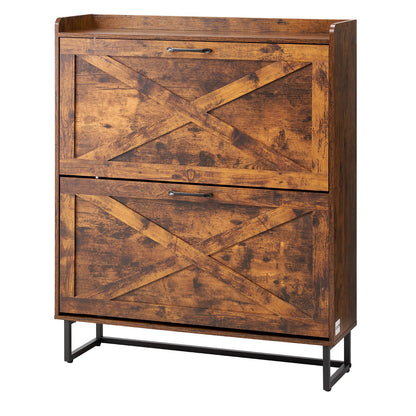 Shoe Cabinet with 2 Flip Drawers, Farmhouse Shoes Storage Cabinet with Metal Legs and Anti-Tipping Device, Freestanding Shoe Organizer Ideal for Entryway, Hallway, Bedroom, Living Room, Brown