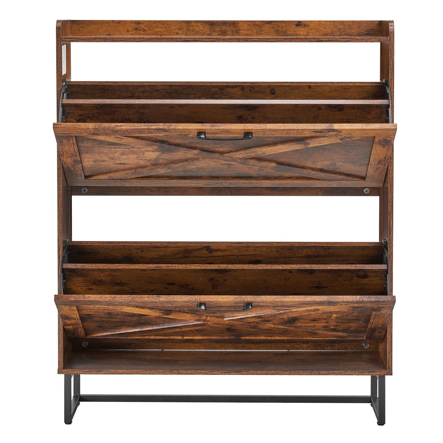 Shoe Cabinet with 2 Flip Drawers, Farmhouse Shoes Storage Cabinet with Metal Legs and Anti-Tipping Device, Freestanding Shoe Organizer Ideal for Entryway, Hallway, Bedroom, Living Room, Brown