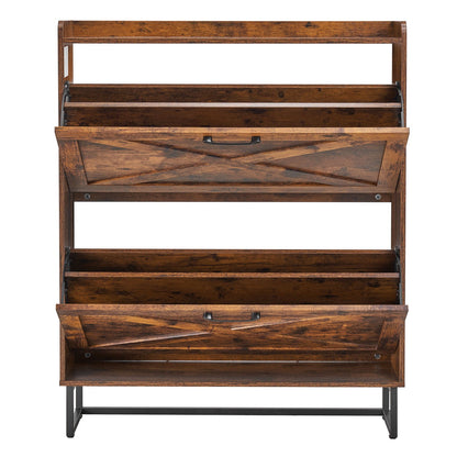Shoe Cabinet with 2 Flip Drawers, Farmhouse Shoes Storage Cabinet with Metal Legs and Anti-Tipping Device, Freestanding Shoe Organizer Ideal for Entryway, Hallway, Bedroom, Living Room, Brown