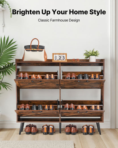 Shoe Cabinet with 4 Flip Drawers, Farmhouse Shoes Storage Cabinet with Wood Legs and Anti-Tipping Device, Freestanding Shoe Organizer Ideal for Entryway, Hallway, Bedroom, Living Room, Brown