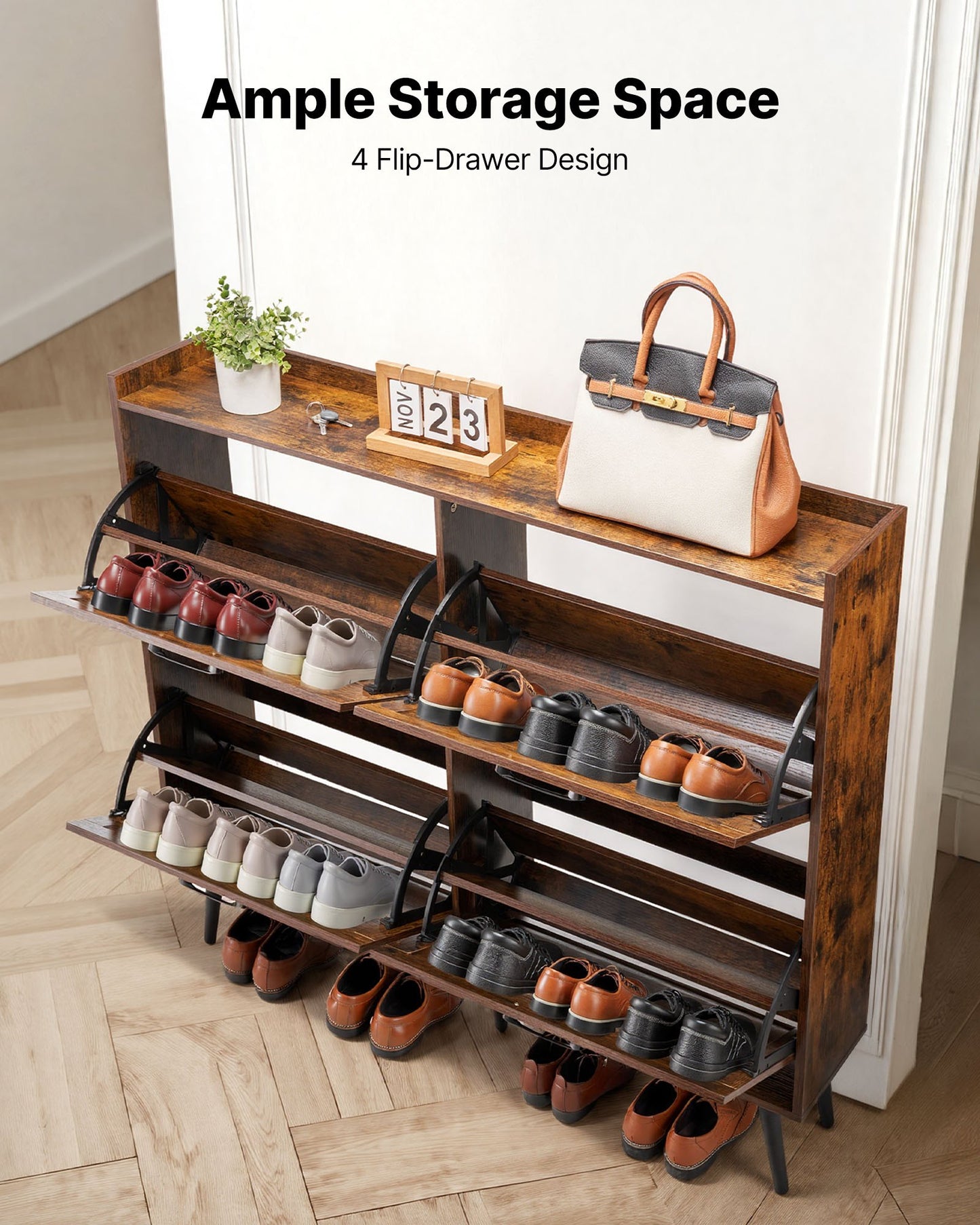 Shoe Cabinet with 4 Flip Drawers, Farmhouse Shoes Storage Cabinet with Wood Legs and Anti-Tipping Device, Freestanding Shoe Organizer Ideal for Entryway, Hallway, Bedroom, Living Room, Brown