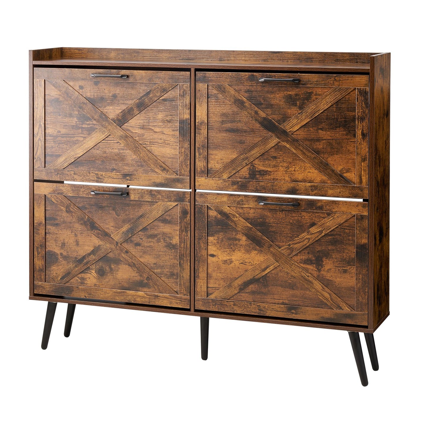 Shoe Cabinet with 4 Flip Drawers, Farmhouse Shoes Storage Cabinet with Wood Legs and Anti-Tipping Device, Freestanding Shoe Organizer Ideal for Entryway, Hallway, Bedroom, Living Room, Brown