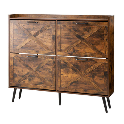 Shoe Cabinet with 4 Flip Drawers, Farmhouse Shoes Storage Cabinet with Wood Legs and Anti-Tipping Device, Freestanding Shoe Organizer Ideal for Entryway, Hallway, Bedroom, Living Room, Brown