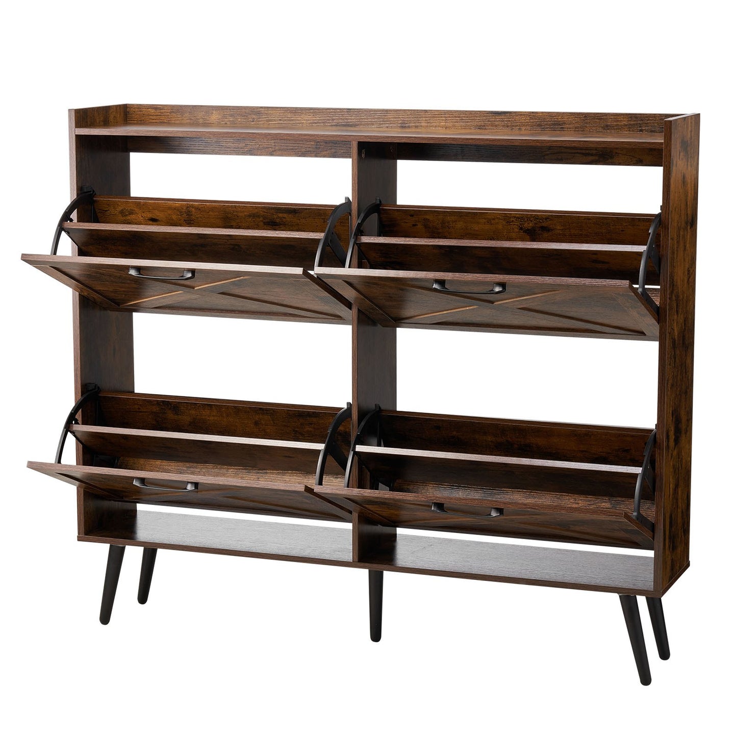 Shoe Cabinet with 4 Flip Drawers, Farmhouse Shoes Storage Cabinet with Wood Legs and Anti-Tipping Device, Freestanding Shoe Organizer Ideal for Entryway, Hallway, Bedroom, Living Room, Brown
