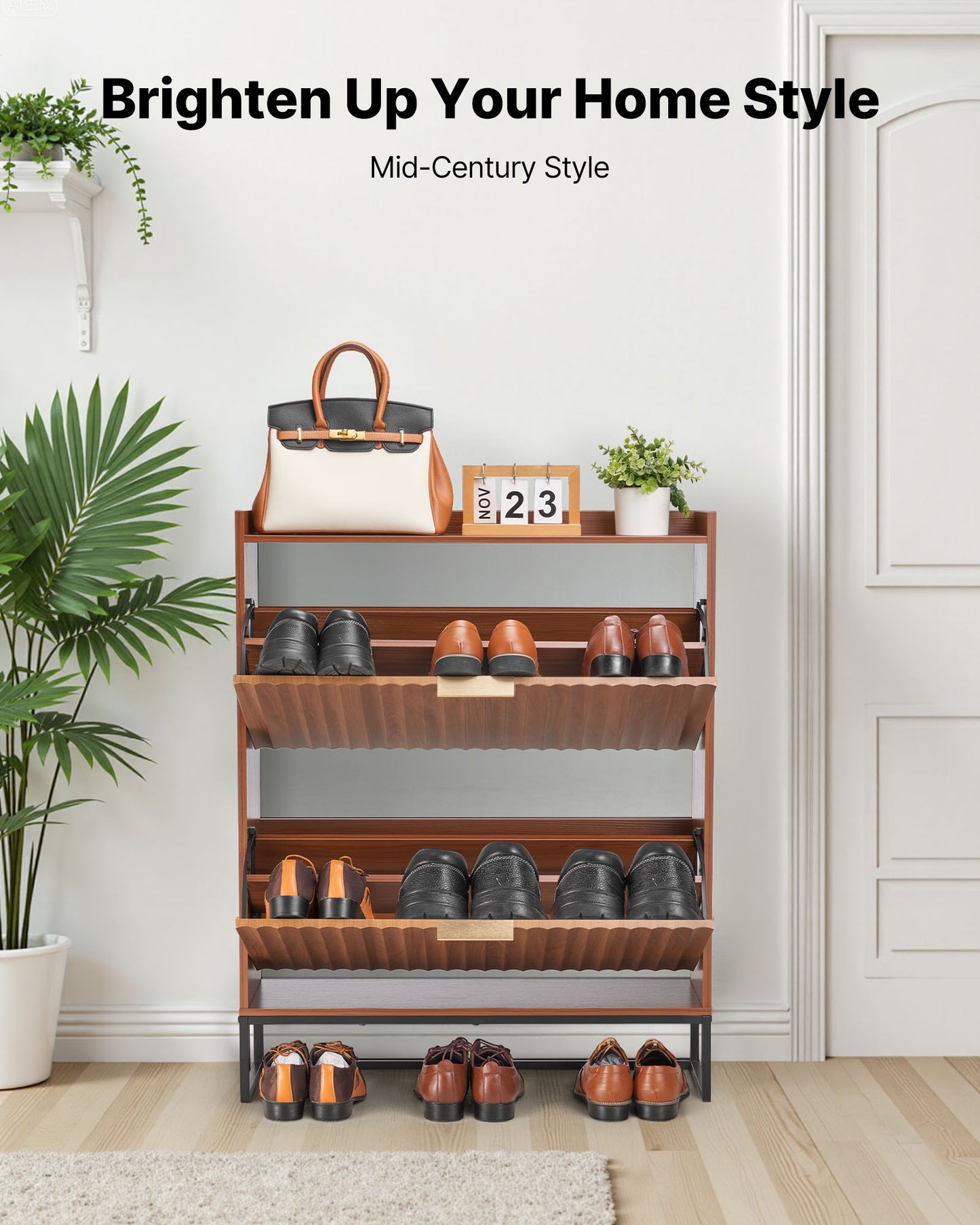 Shoe Cabinet with 2 Flip Drawers, Mid-Century Shoes Storage Cabinet with Anti-Tipping Device, Freestanding Fluted Shoe Organizer, Ideal for Entrance, Hallway, Bedroom, Living Room, Walnut