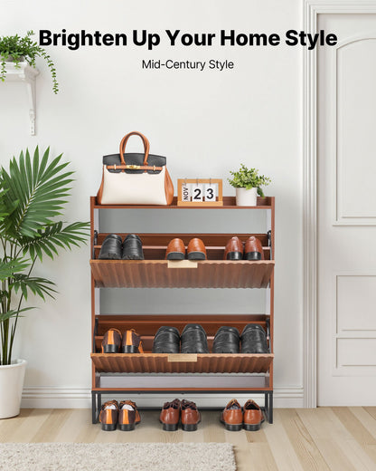 Shoe Cabinet with 2 Flip Drawers, Mid-Century Shoes Storage Cabinet with Anti-Tipping Device, Freestanding Fluted Shoe Organizer, Ideal for Entrance, Hallway, Bedroom, Living Room, Walnut