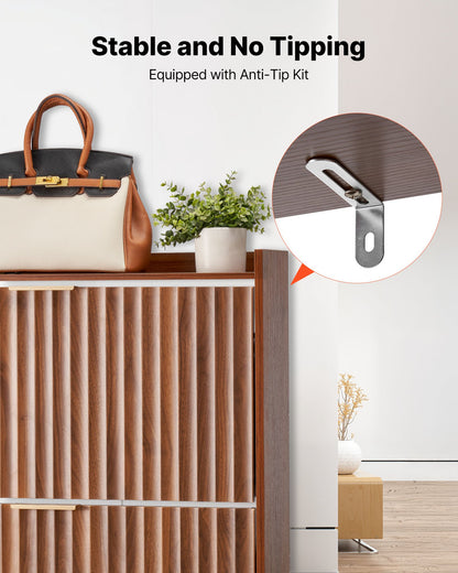 Shoe Cabinet with 2 Flip Drawers, Mid-Century Shoes Storage Cabinet with Anti-Tipping Device, Freestanding Fluted Shoe Organizer, Ideal for Entrance, Hallway, Bedroom, Living Room, Walnut