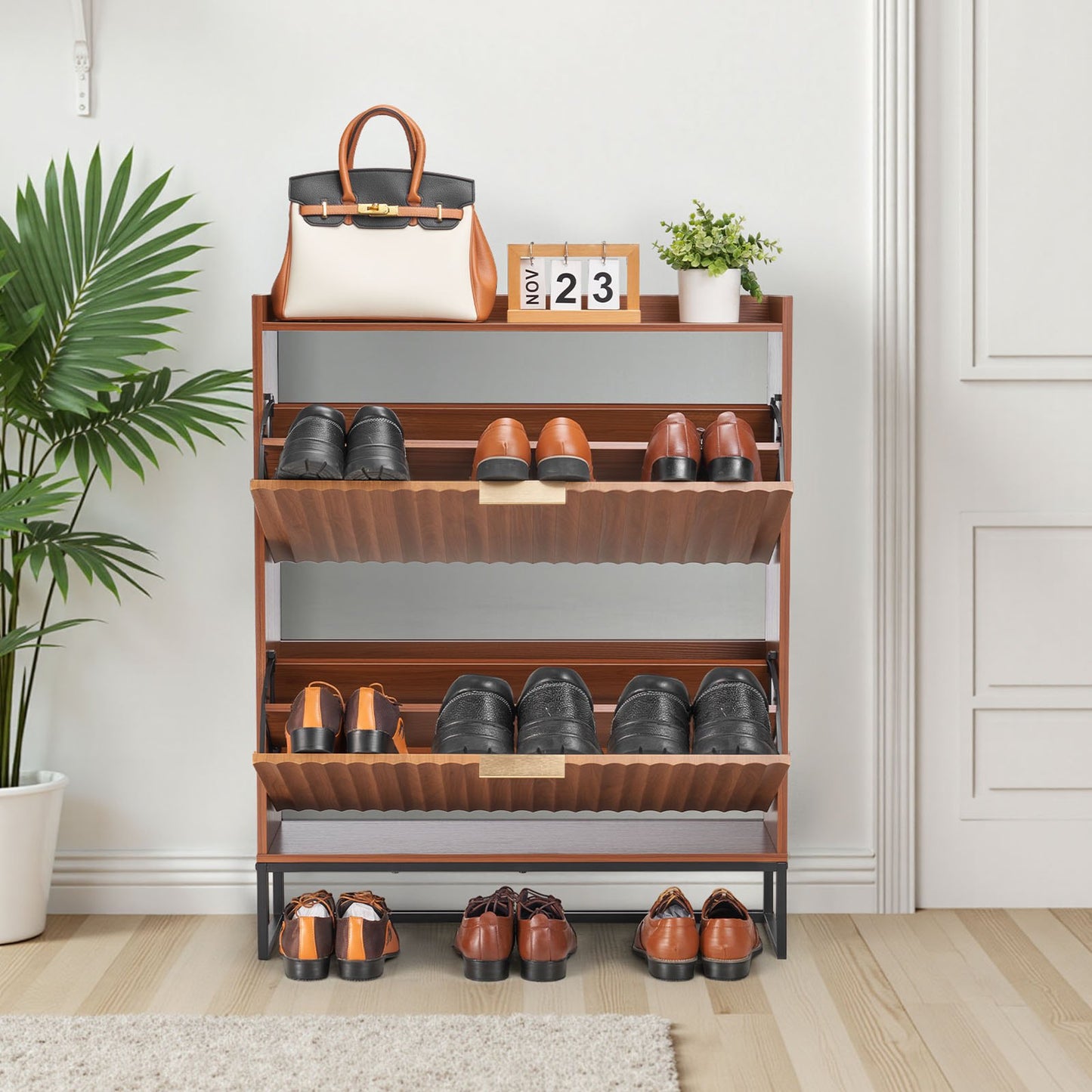 Shoe Cabinet with 2 Flip Drawers, Mid-Century Shoes Storage Cabinet with Anti-Tipping Device, Freestanding Fluted Shoe Organizer, Ideal for Entrance, Hallway, Bedroom, Living Room, Walnut