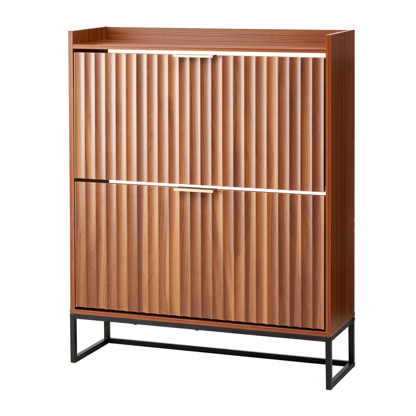 Shoe Cabinet with 2 Flip Drawers, Mid-Century Shoes Storage Cabinet with Anti-Tipping Device, Freestanding Fluted Shoe Organizer, Ideal for Entrance, Hallway, Bedroom, Living Room, Walnut