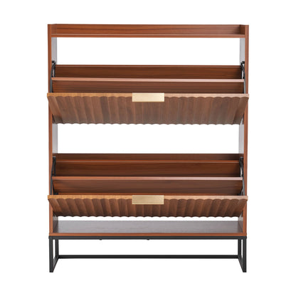 Shoe Cabinet with 2 Flip Drawers, Mid-Century Shoes Storage Cabinet with Anti-Tipping Device, Freestanding Fluted Shoe Organizer, Ideal for Entrance, Hallway, Bedroom, Living Room, Walnut
