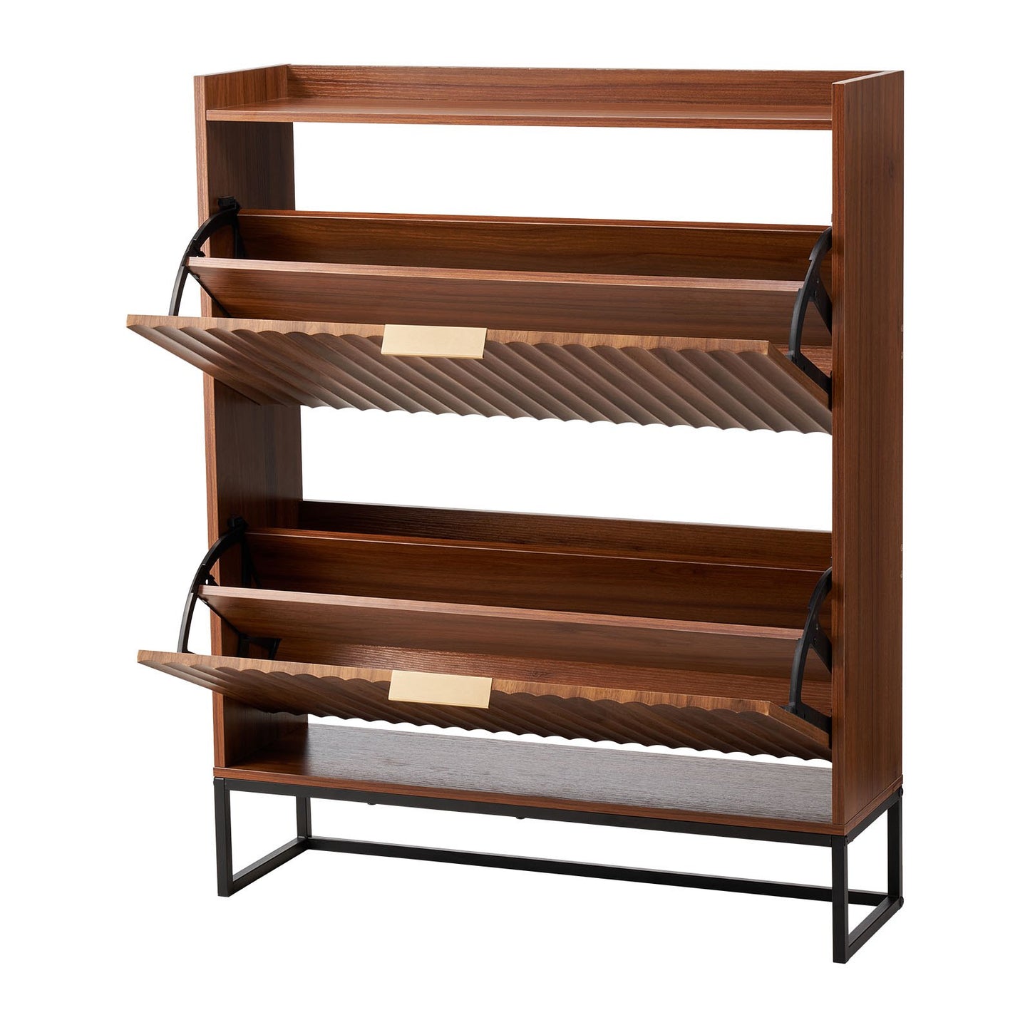 Shoe Cabinet with 2 Flip Drawers, Mid-Century Shoes Storage Cabinet with Anti-Tipping Device, Freestanding Fluted Shoe Organizer, Ideal for Entrance, Hallway, Bedroom, Living Room, Walnut