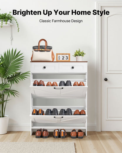 Shoe Cabinet with 2 Flip Drawers, Farmhouse Shoes Storage Cabinet with 2 Drawers and Anti-Tipping Device, Freestanding Shoe Organizer Ideal for Entryway, Hallway, Bedroom, Living Room, White