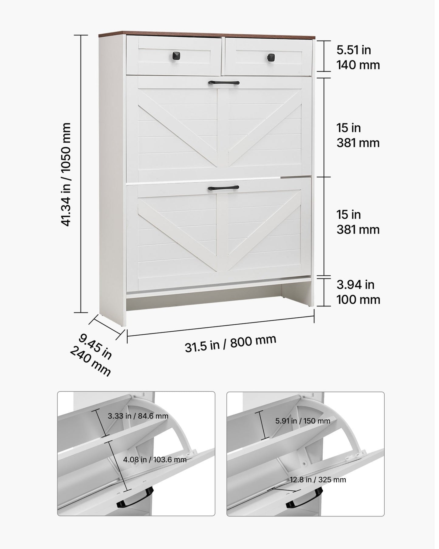 Shoe Cabinet with 2 Flip Drawers, Farmhouse Shoes Storage Cabinet with 2 Drawers and Anti-Tipping Device, Freestanding Shoe Organizer Ideal for Entryway, Hallway, Bedroom, Living Room, White