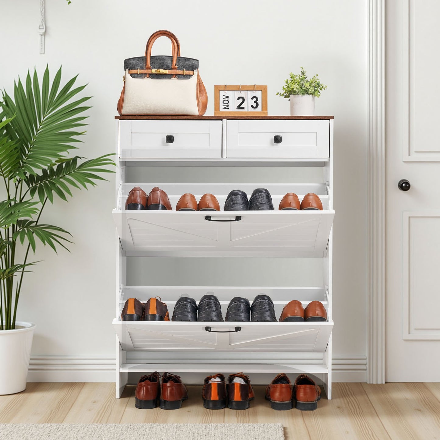 Shoe Cabinet with 2 Flip Drawers, Farmhouse Shoes Storage Cabinet with 2 Drawers and Anti-Tipping Device, Freestanding Shoe Organizer Ideal for Entryway, Hallway, Bedroom, Living Room, White