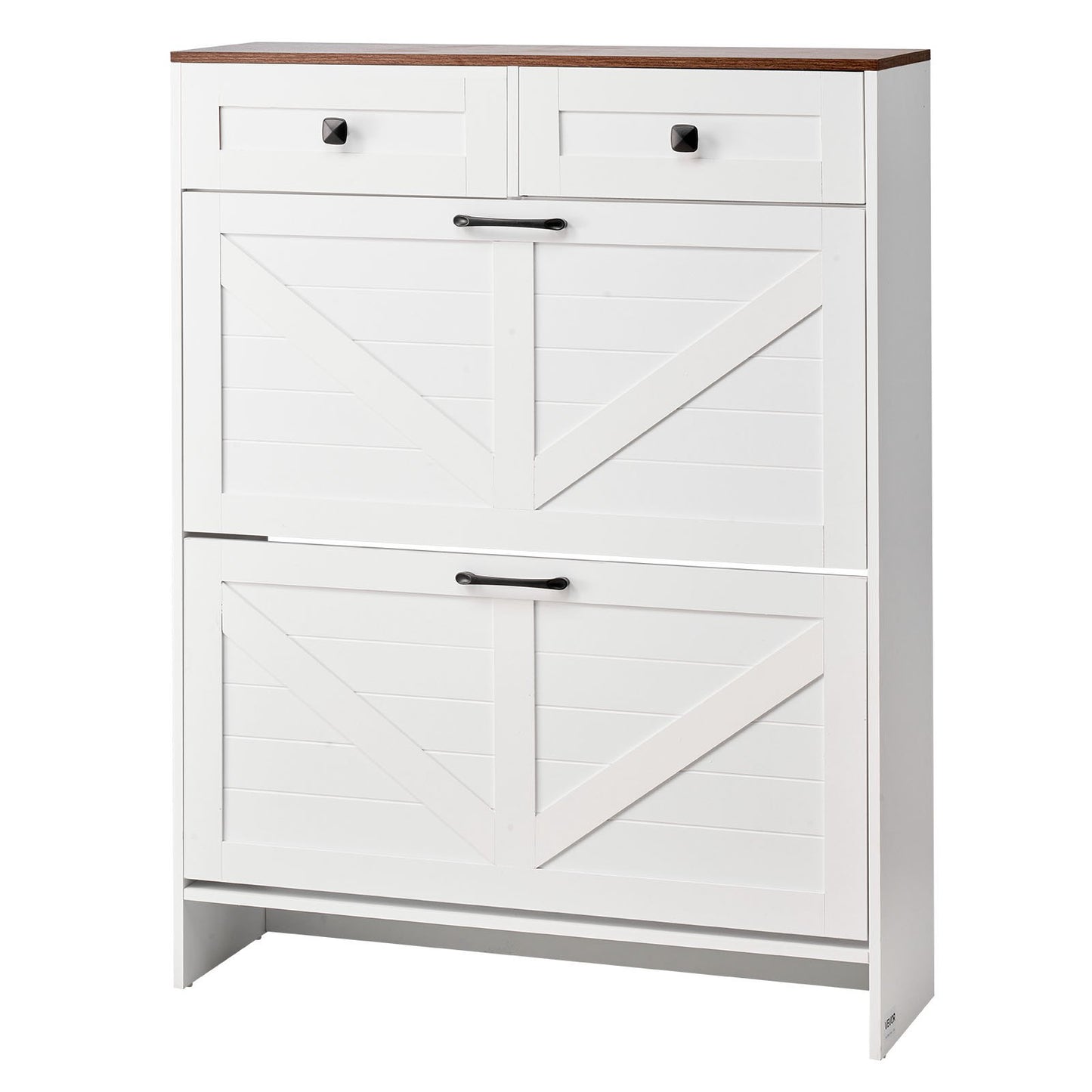 Shoe Cabinet with 2 Flip Drawers, Farmhouse Shoes Storage Cabinet with 2 Drawers and Anti-Tipping Device, Freestanding Shoe Organizer Ideal for Entryway, Hallway, Bedroom, Living Room, White
