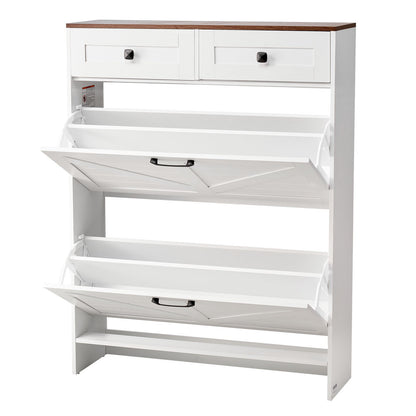 Shoe Cabinet with 2 Flip Drawers, Farmhouse Shoes Storage Cabinet with 2 Drawers and Anti-Tipping Device, Freestanding Shoe Organizer Ideal for Entryway, Hallway, Bedroom, Living Room, White