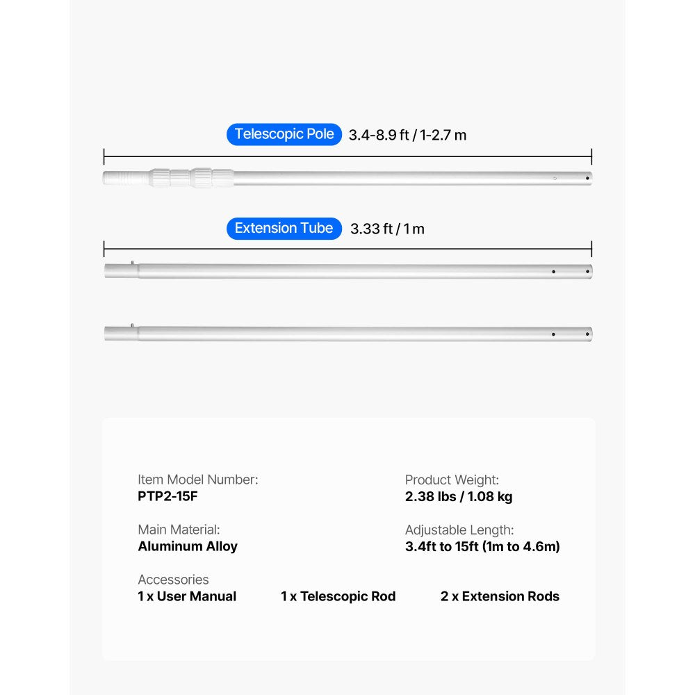 Swimming Pool Pole 1 to 4.6 mm Telescopic Aluminum Alloy Twist Locking