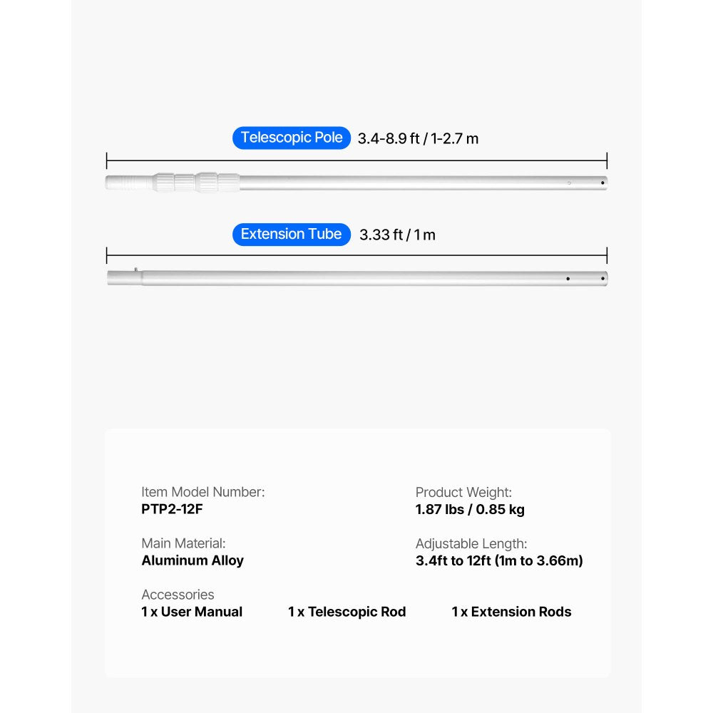 Swimming Pool Pole 1 to 3.65 mm Telescopic Aluminum Alloy Twist Locking