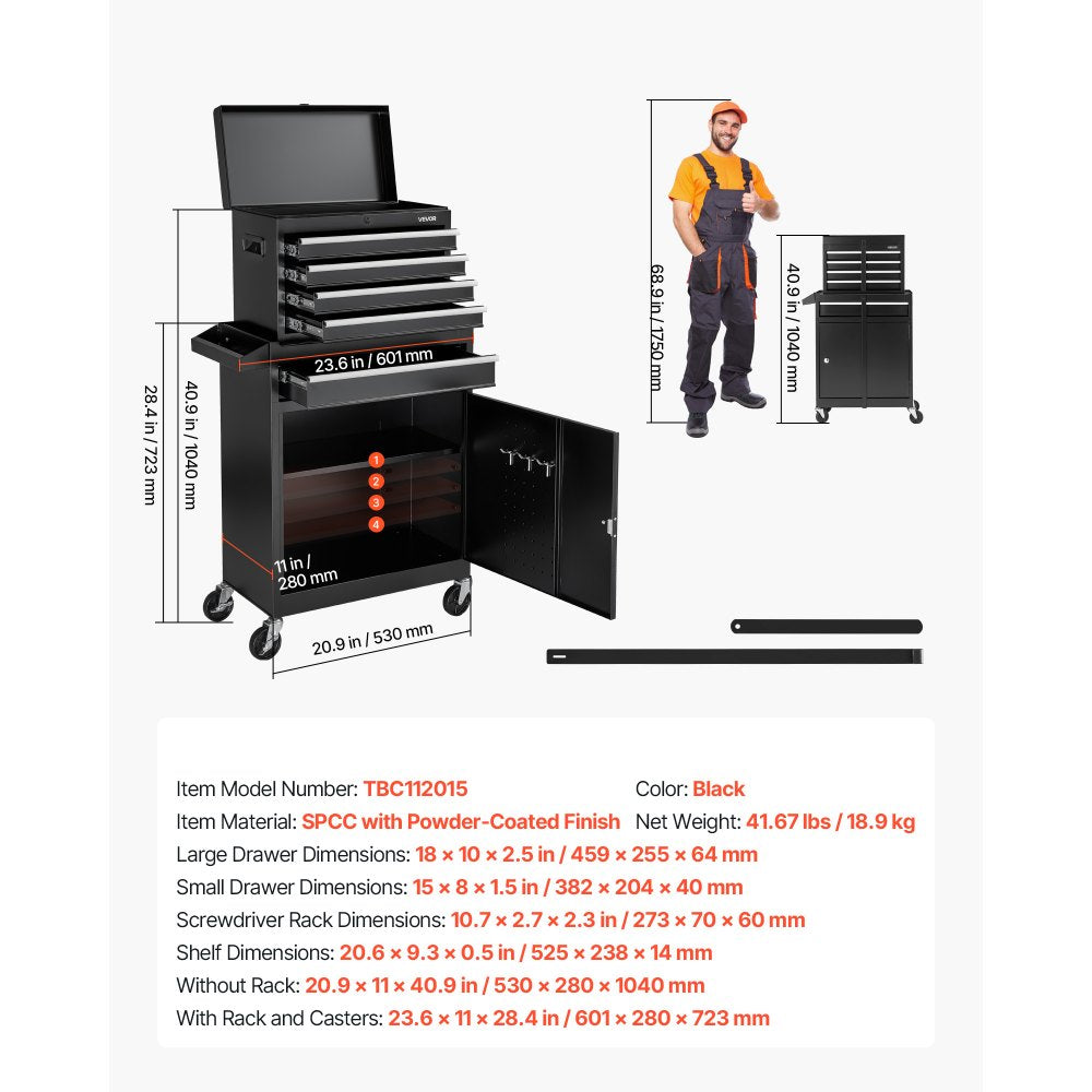 Rolling Tool Chest 5 Drawers Tool Storage Cabinet with Lockable Wheels