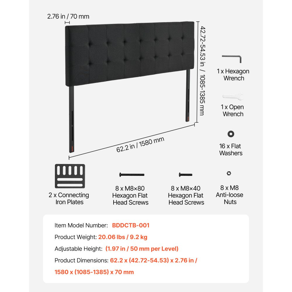 VEVOR Headboard for Queen Size Bed with Adjustable Height Sponge & Fabric Black