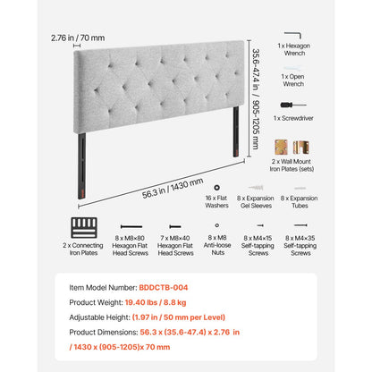 VEVOR Headboard for Full Size Bed with Adjustable Height Sponge & Fabric Grey