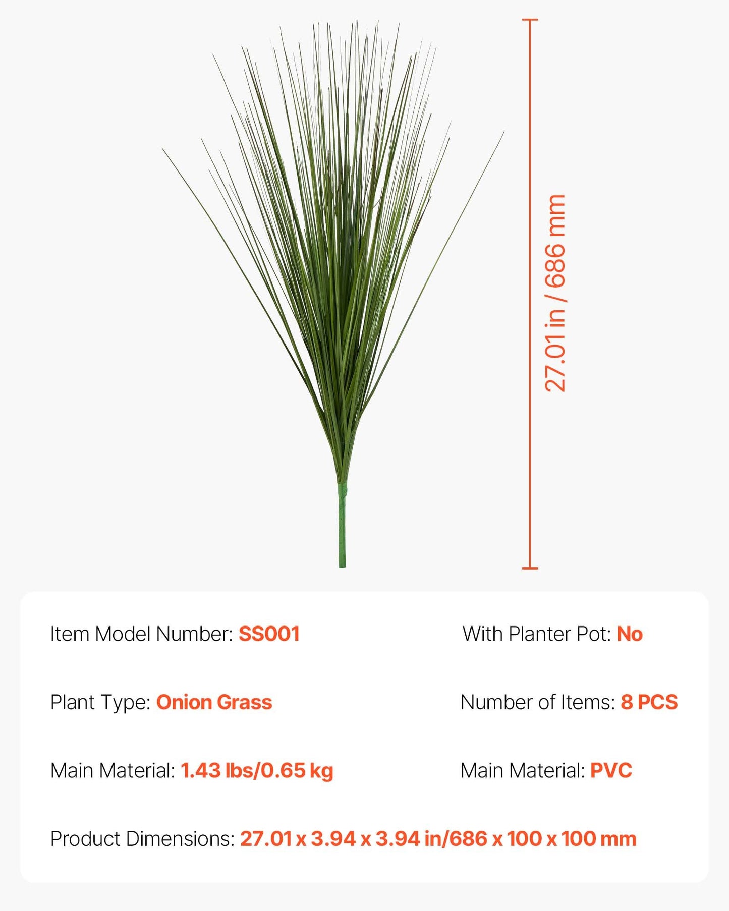 Artificial Grass Plant, 686mm Faux Onion Grass Fake Greenery Shrubs Plant, Premium PVC for Indoor Outdoor House Home Garden Office Room Décor, Housewarming, 8 Pack Green