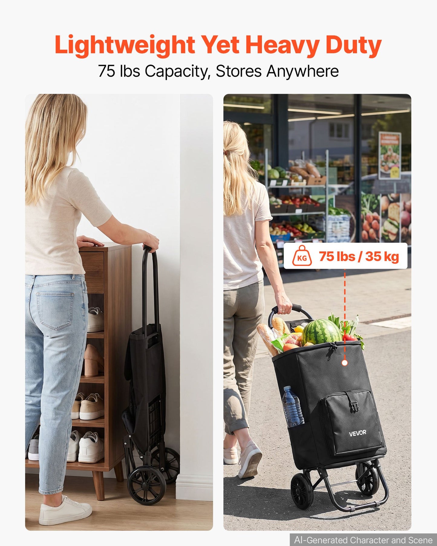 Shopping Cart with Wheels Foldable Trolley Dolly for Groceries Black, 2-in-1 Rolling Utility Cart with Detachable Bag, Soft Foam Handle, Storage Compartments, Compact for Market Laundry Camping