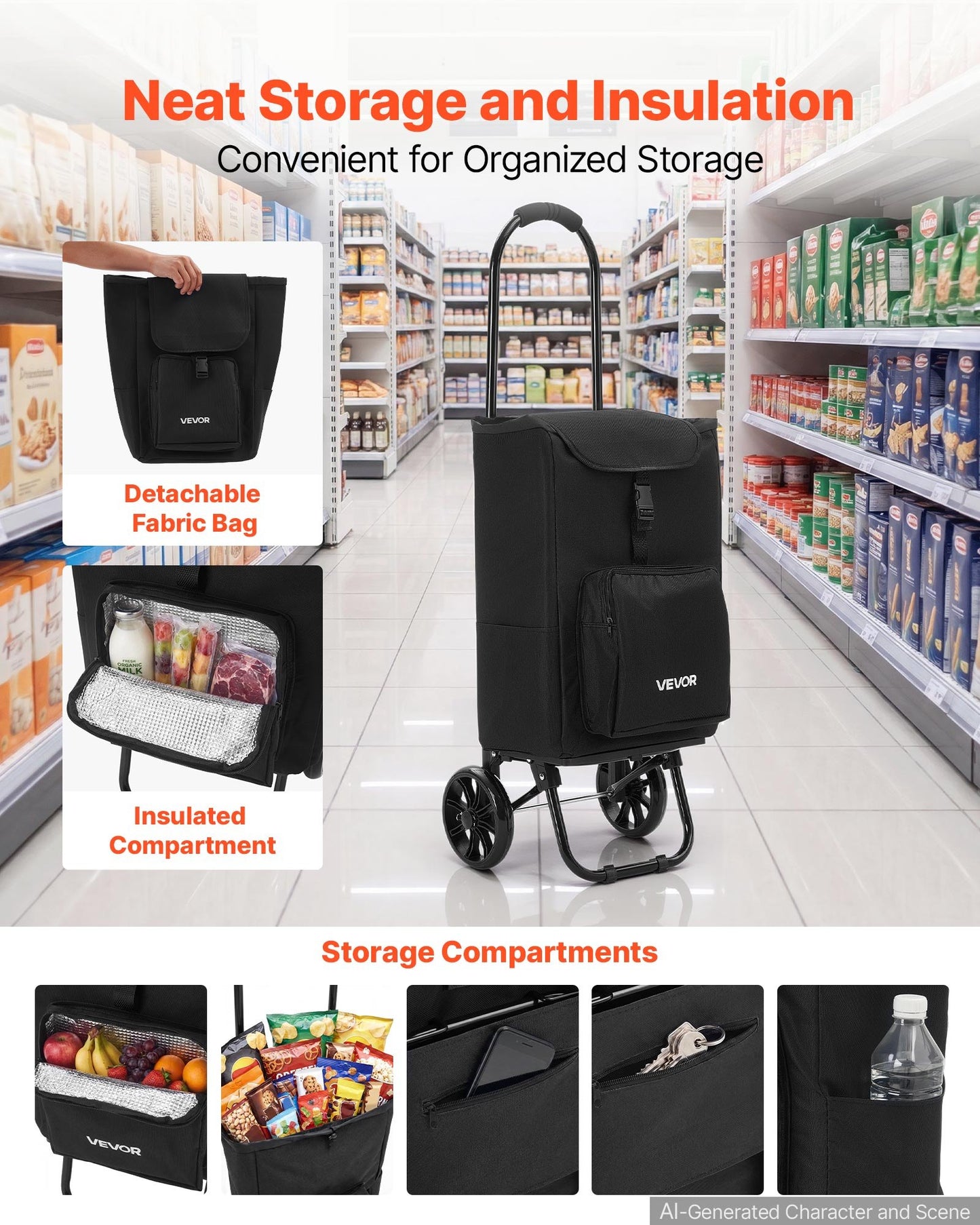 Shopping Cart with Wheels Foldable Trolley Dolly for Groceries Black, 2-in-1 Rolling Utility Cart with Detachable Bag, Soft Foam Handle, Storage Compartments, Compact for Market Laundry Camping
