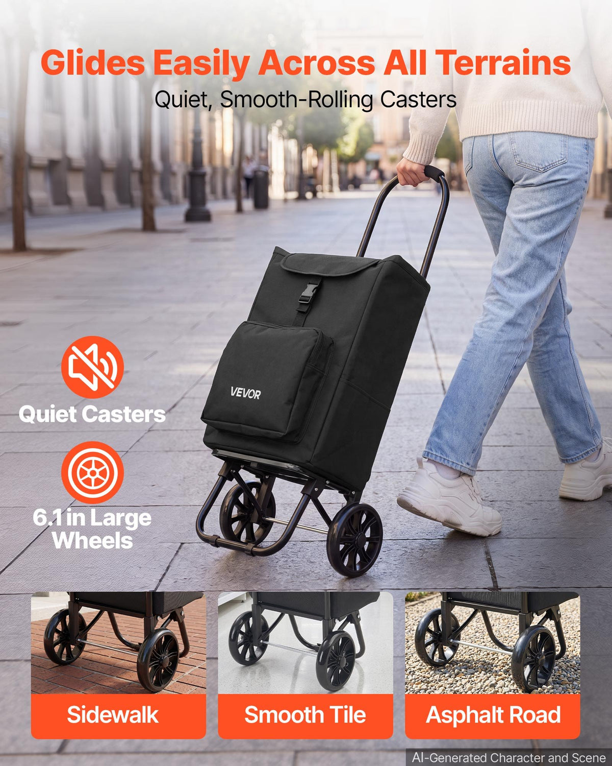 Shopping Cart with Wheels Foldable Trolley Dolly for Groceries Black, 2-in-1 Rolling Utility Cart with Detachable Bag, Soft Foam Handle, Storage Compartments, Compact for Market Laundry Camping