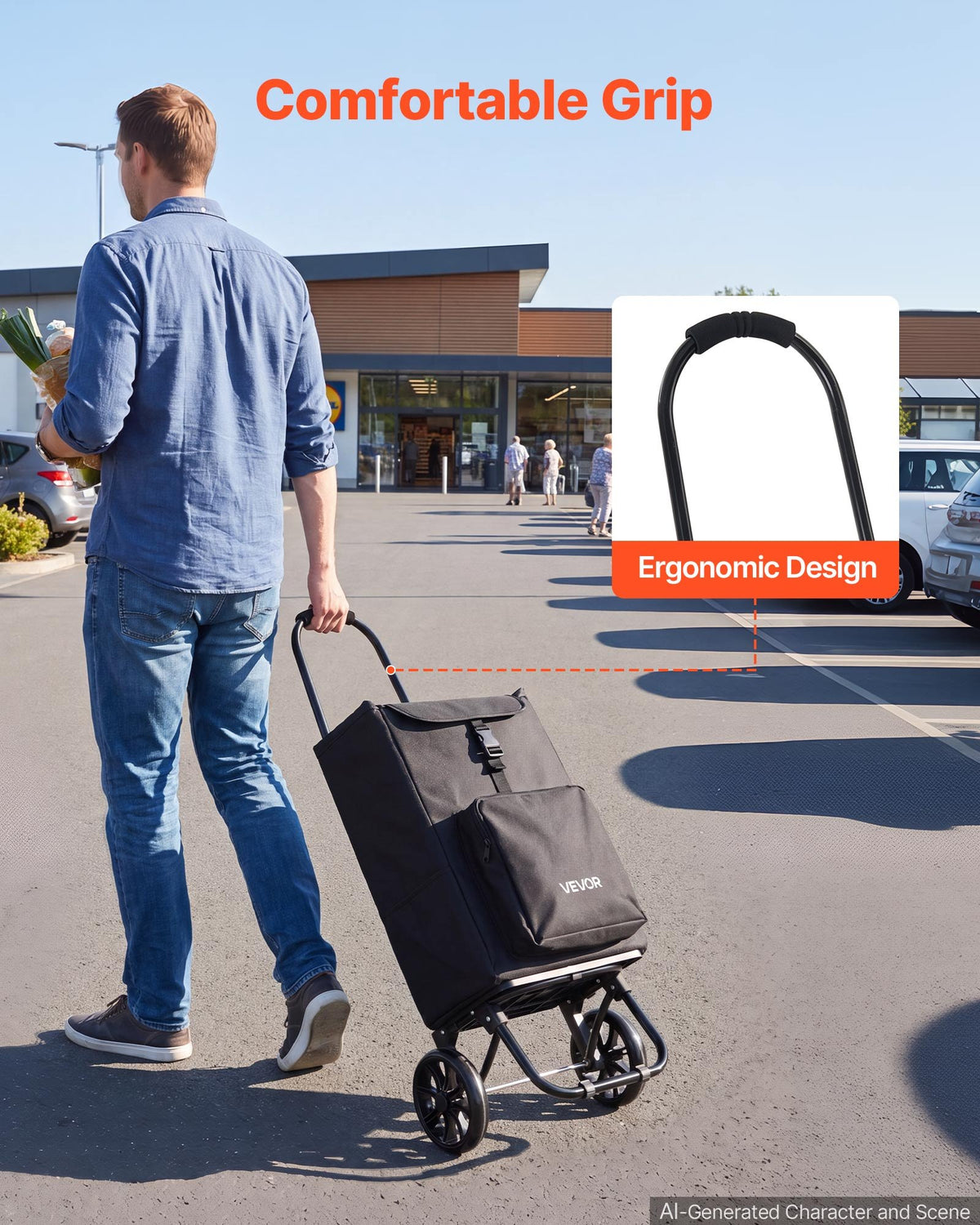 Shopping Cart with Wheels Foldable Trolley Dolly for Groceries Black, 2-in-1 Rolling Utility Cart with Detachable Bag, Soft Foam Handle, Storage Compartments, Compact for Market Laundry Camping