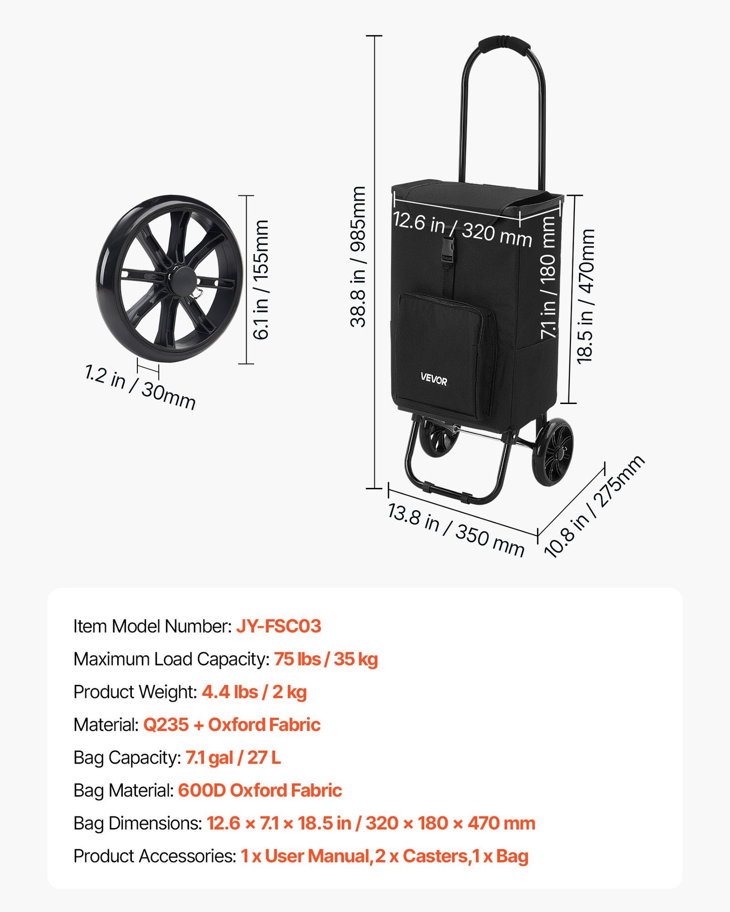 Shopping Cart with Wheels Foldable Trolley Dolly for Groceries Black, 2-in-1 Rolling Utility Cart with Detachable Bag, Soft Foam Handle, Storage Compartments, Compact for Market Laundry Camping