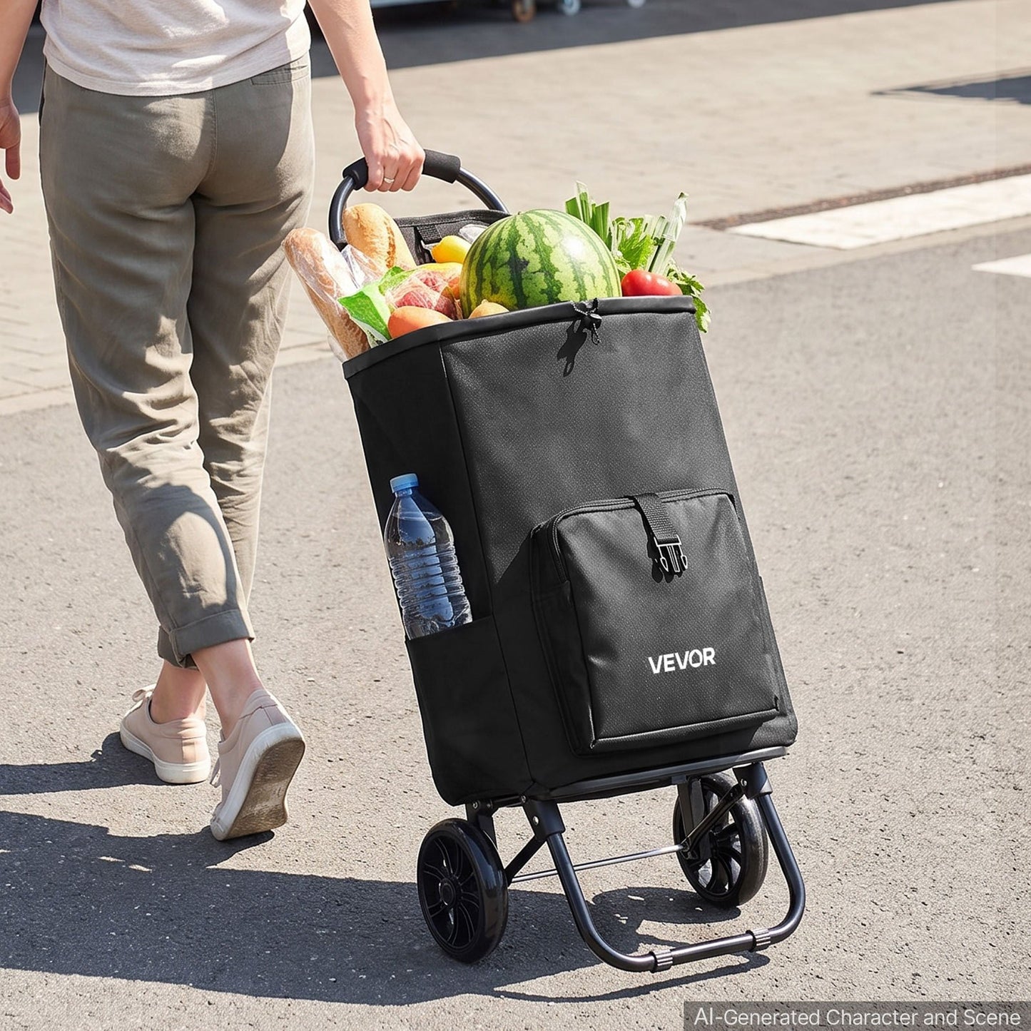 Shopping Cart with Wheels Foldable Trolley Dolly for Groceries Black, 2-in-1 Rolling Utility Cart with Detachable Bag, Soft Foam Handle, Storage Compartments, Compact for Market Laundry Camping
