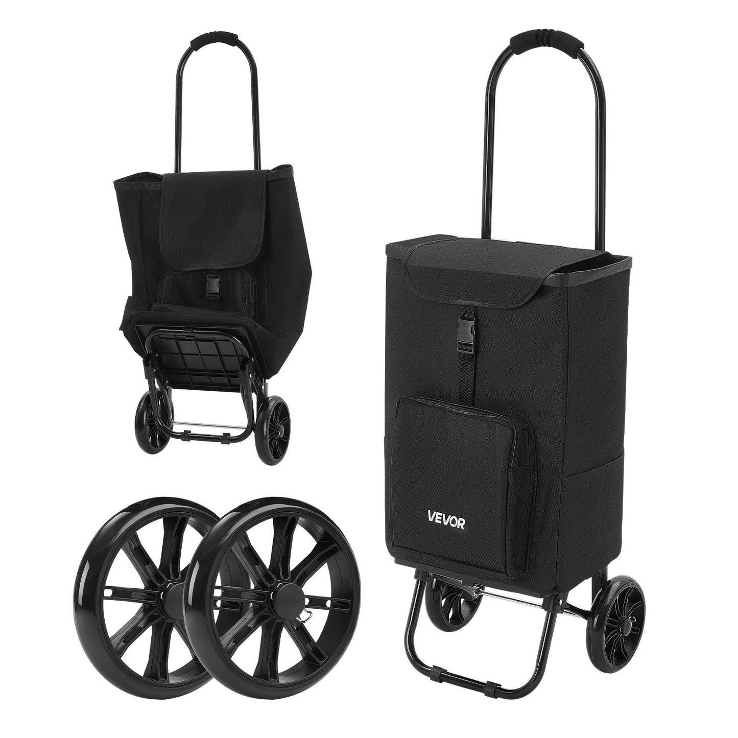 Shopping Cart with Wheels Foldable Trolley Dolly for Groceries Black, 2-in-1 Rolling Utility Cart with Detachable Bag, Soft Foam Handle, Storage Compartments, Compact for Market Laundry Camping
