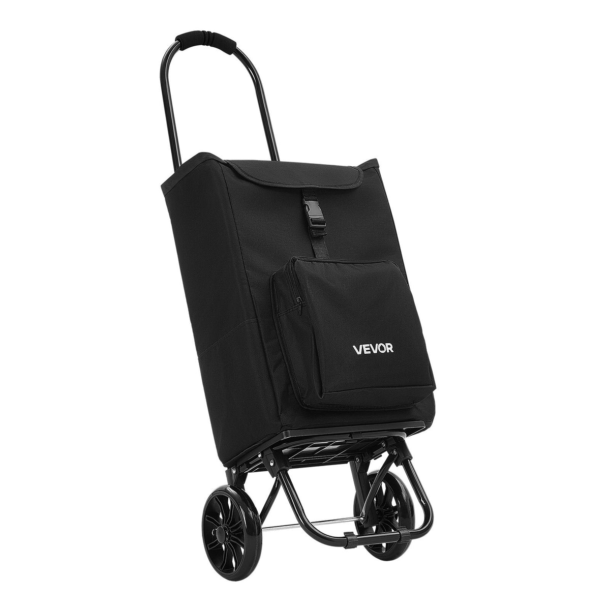 Shopping Cart with Wheels Foldable Trolley Dolly for Groceries Black, 2-in-1 Rolling Utility Cart with Detachable Bag, Soft Foam Handle, Storage Compartments, Compact for Market Laundry Camping