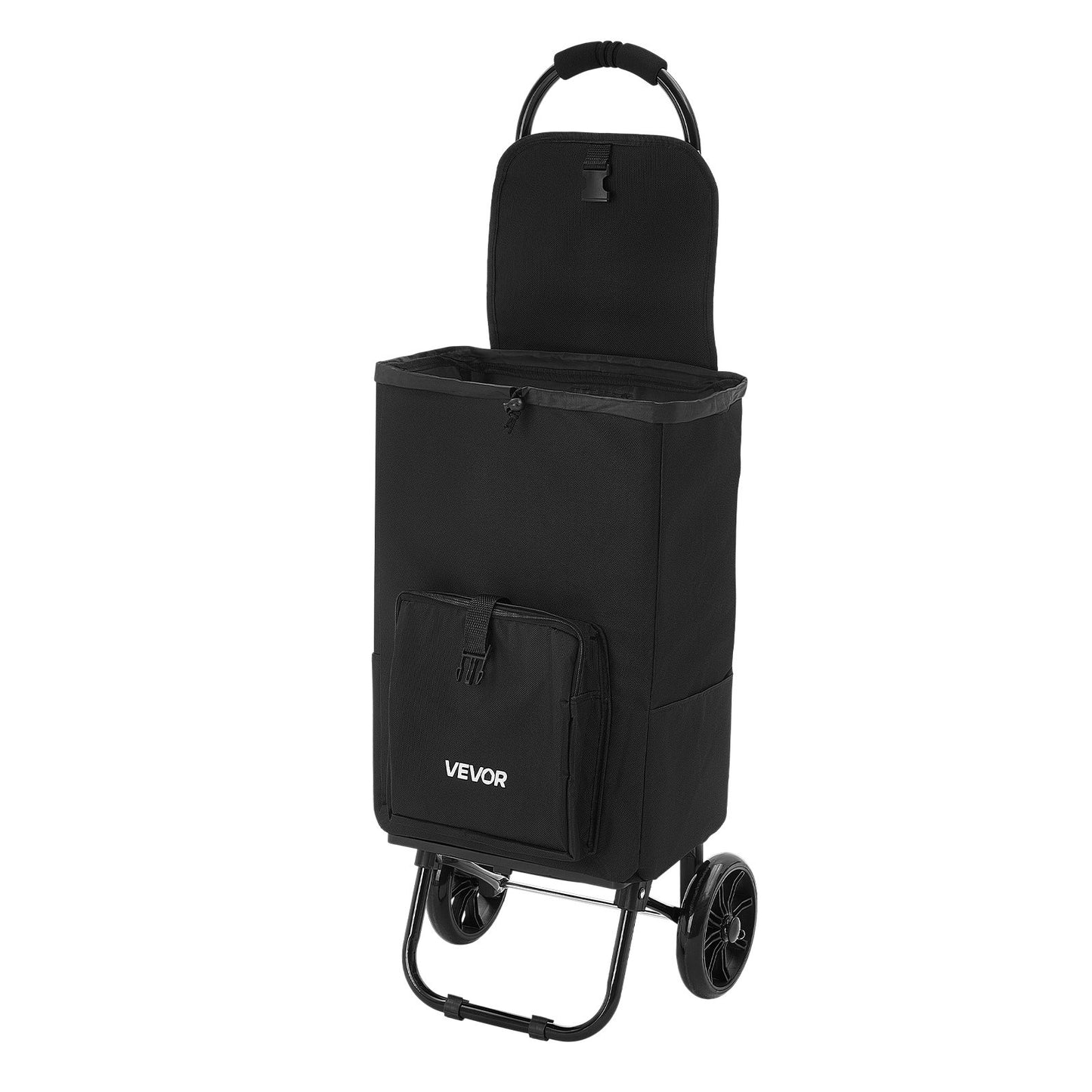 Shopping Cart with Wheels Foldable Trolley Dolly for Groceries Black, 2-in-1 Rolling Utility Cart with Detachable Bag, Soft Foam Handle, Storage Compartments, Compact for Market Laundry Camping