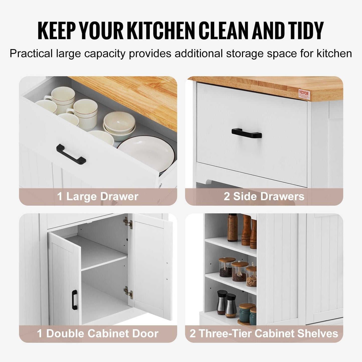 Wood & White Kitchen Island Cart with Storage, Drawer, and Shelves, 52.5 kg