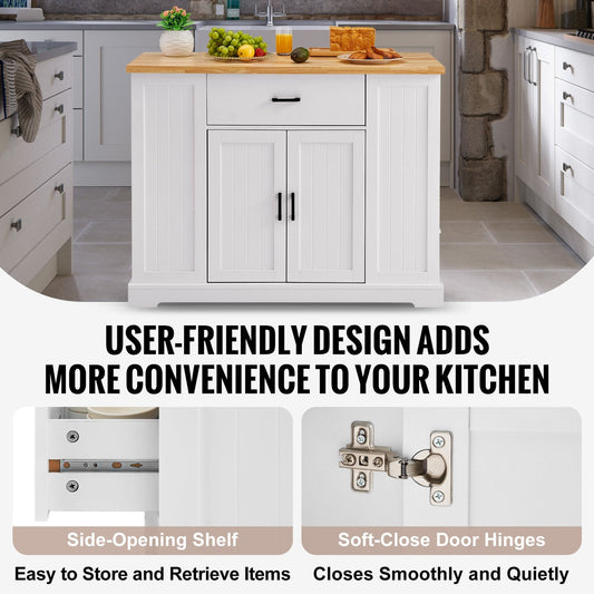 Wood & White Kitchen Island Cart with Storage, Drawer, and Shelves, 52.5 kg