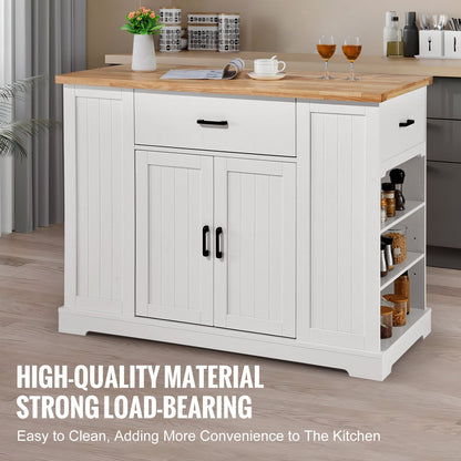 Wood & White Kitchen Island Cart with Storage, Drawer, and Shelves, 52.5 kg