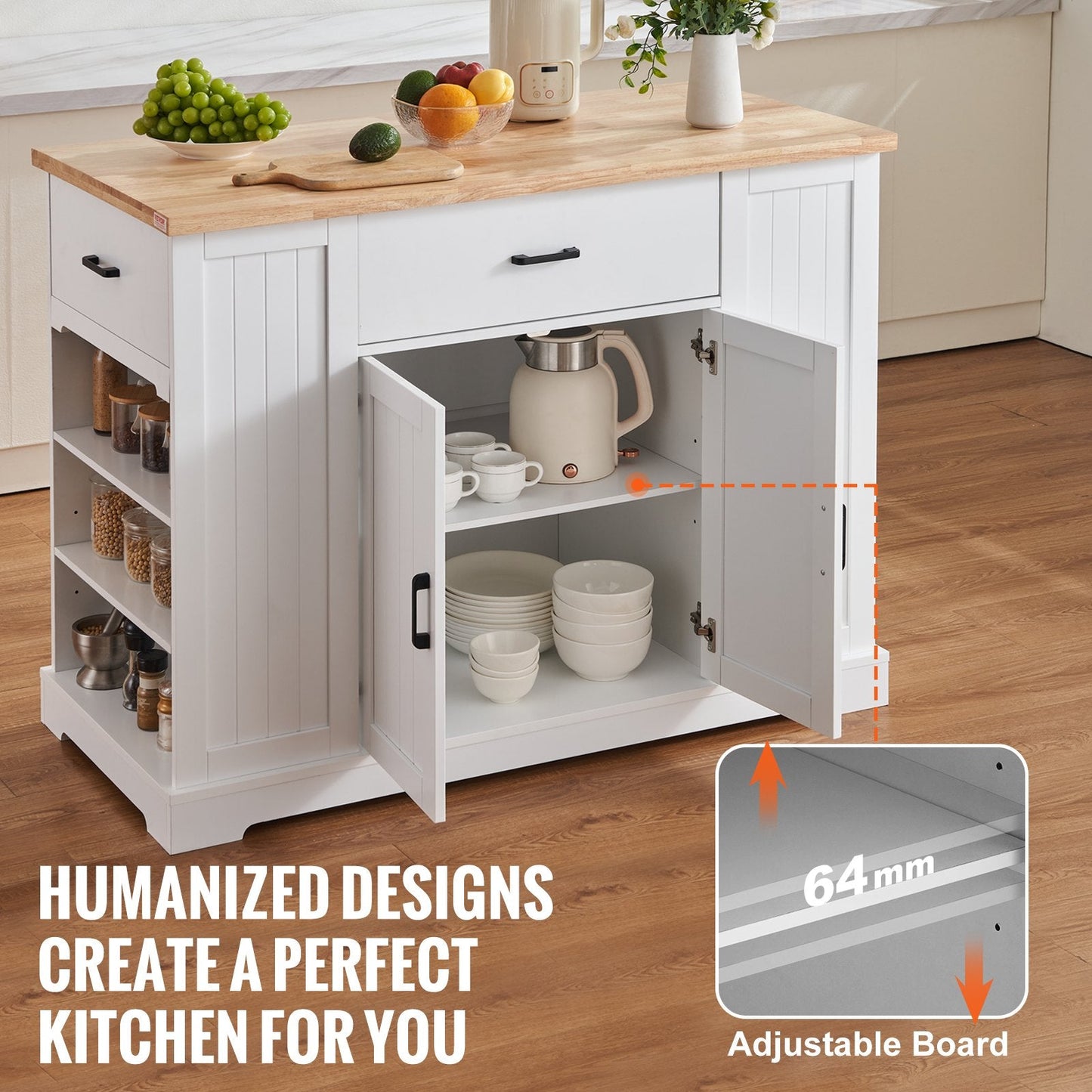 Wood & White Kitchen Island Cart with Storage, Drawer, and Shelves, 52.5 kg