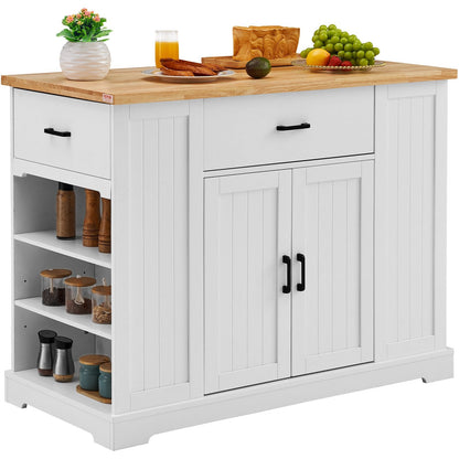Wood & White Kitchen Island Cart with Storage, Drawer, and Shelves, 52.5 kg