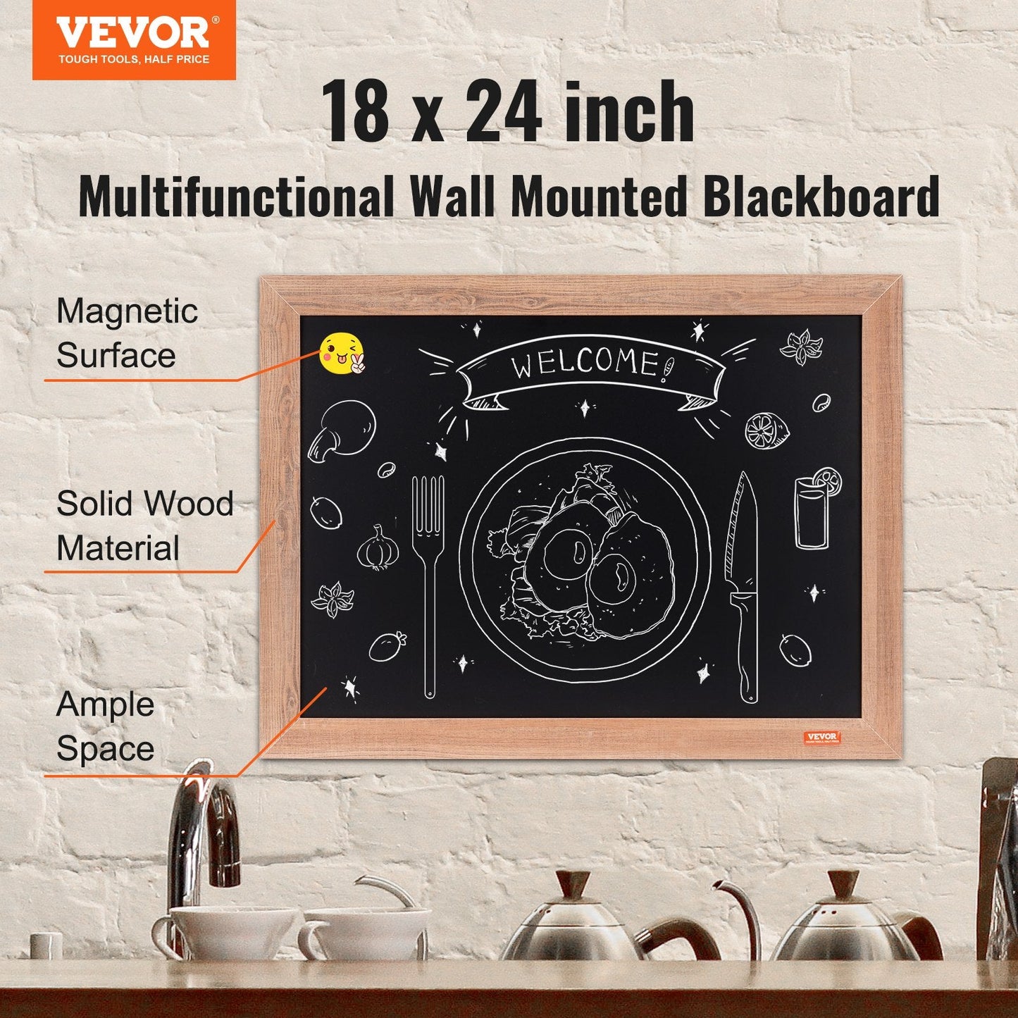 Magnetic Chalkboard with Rustic Frame, 0.46x0.61 m, Includes Chalks & Eraser